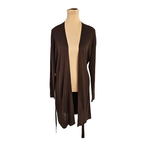 Bella Dahl Dark Brown Ribbed Long Sleeve Tie Cardigan Drop Shoulder Sz L - Picture 1 of 8